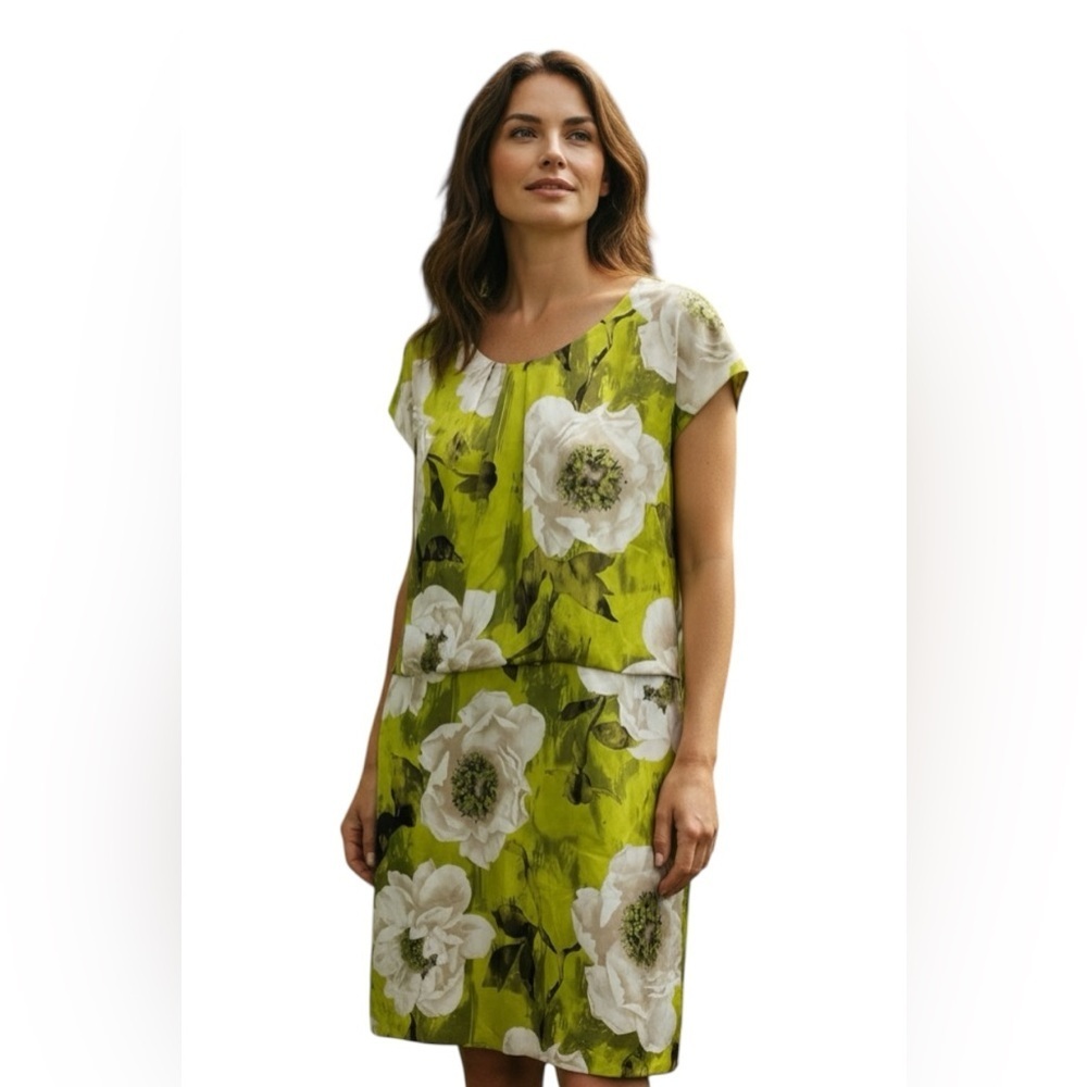 Jones New York Floral Dress Green White Sheath Cap Sleeve Size 16